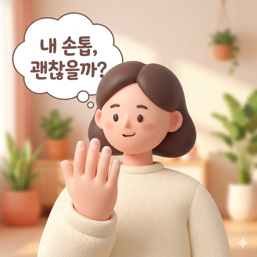 세로줄이 있는 손톱을 귀엽게 살펴보는 3D 카툰 캐릭터. '내 손톱, 괜찮을까?' 문구가 삽입되어 있다.