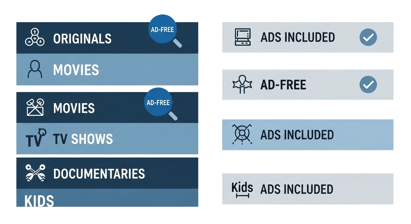넷플릭스 오리지널 콘텐츠와 일반 콘텐츠의 광고 유무를 시각적으로 보여주는 인포그래픽.