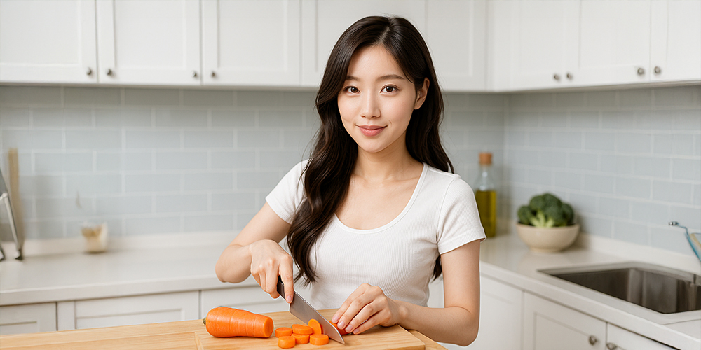 당근을 썰고 있는 사람