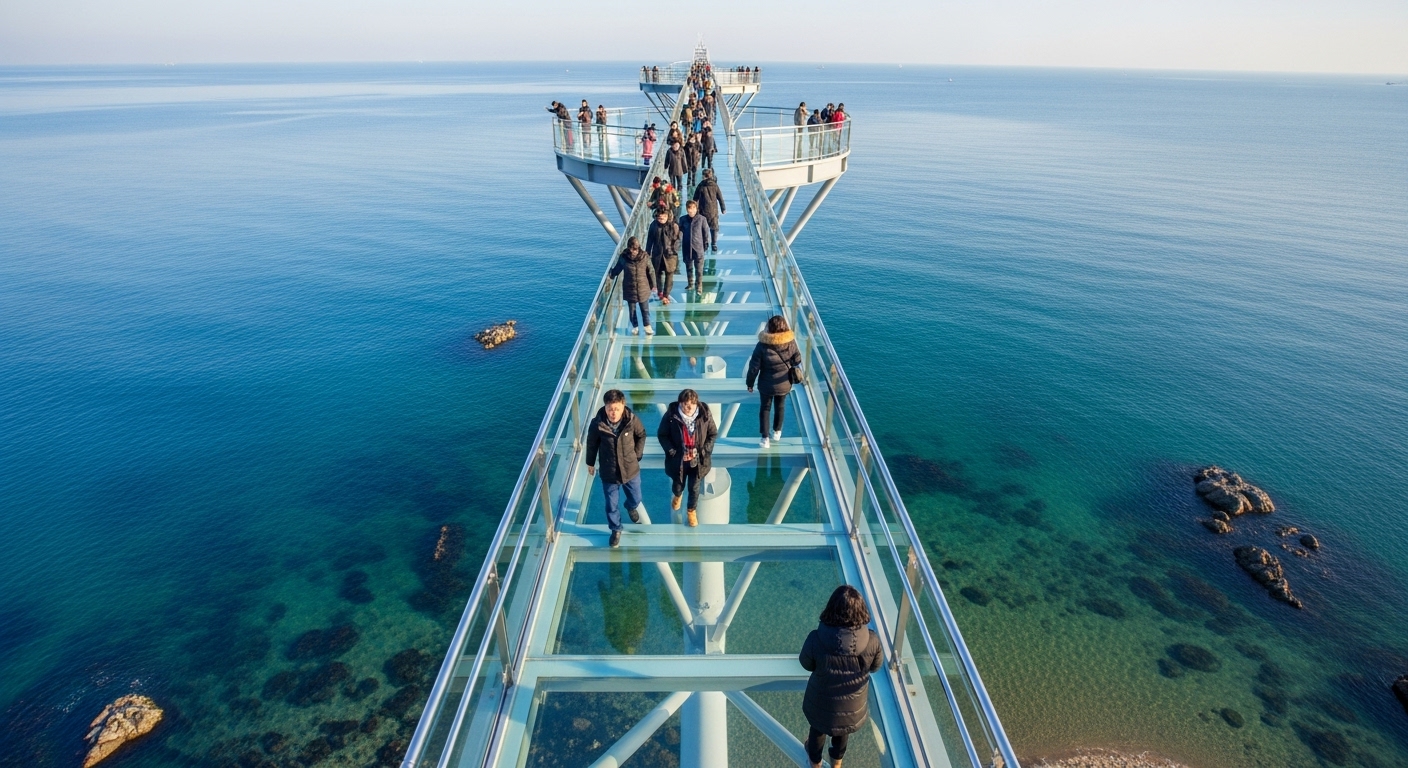 창원 진해 해양공원 저도 콰이강의 다리 스카이워크에서 바라본 투명한 바다 풍경.