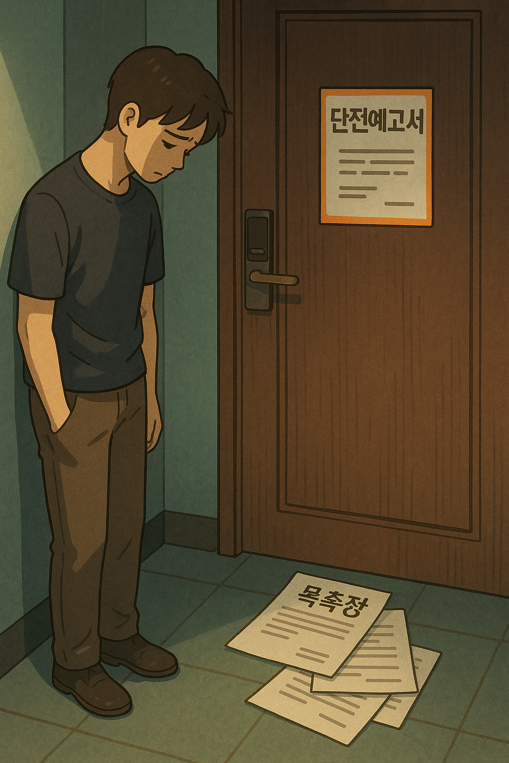 &ldquo;단전예고서가 붙은 문 앞, 고개 숙인 청년과 흩어진 독촉장들&rdquo;