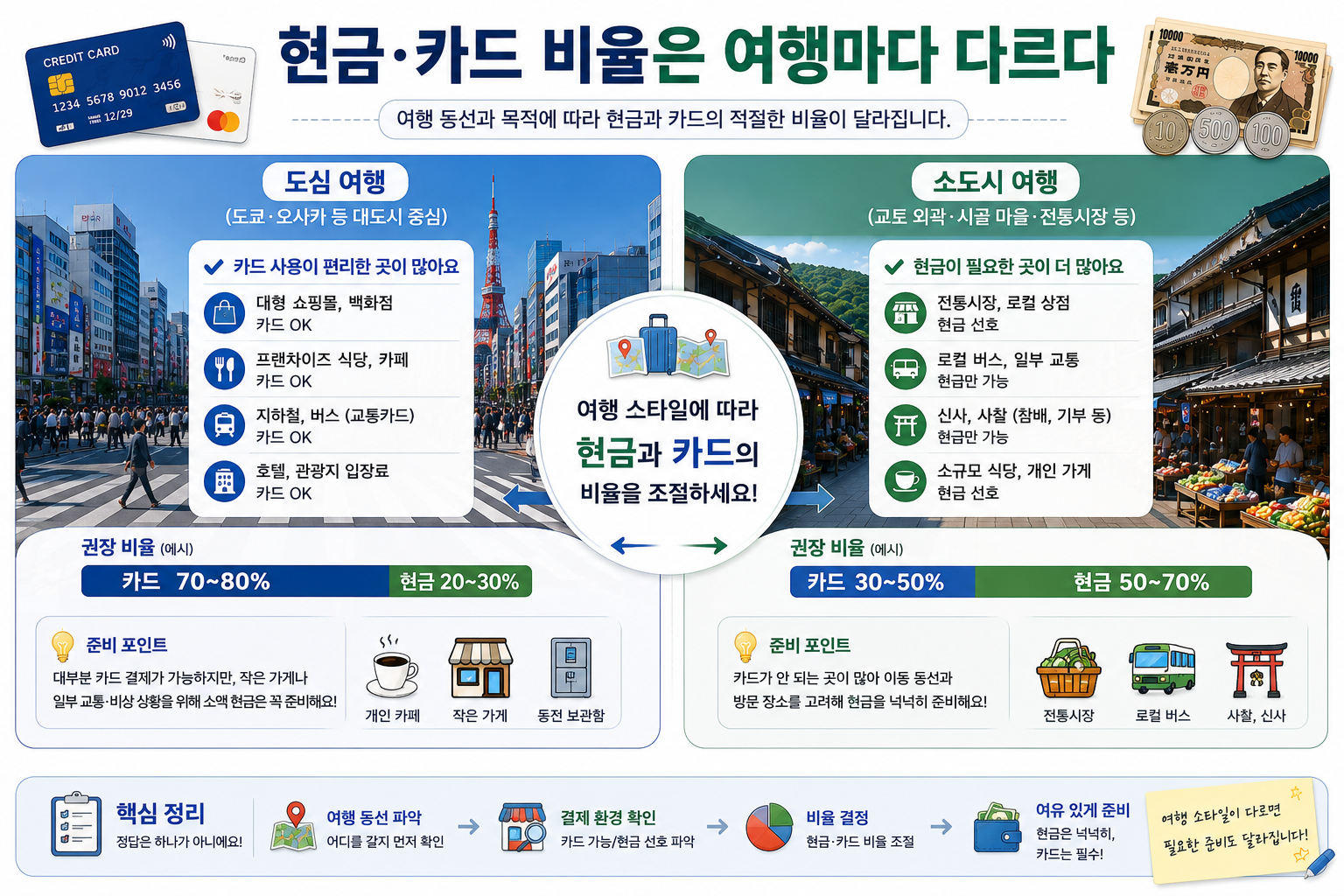 일본여행 현금 카드 비율을 여행 스타일별로 비교하는 이미지
