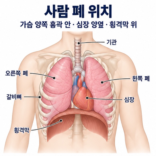 사람 폐 위치와 가슴 흉곽 안에서 심장 양옆에 자리한 좌우 폐를 보여주는 의료 교육용 이미지