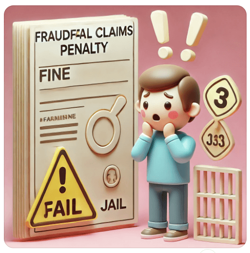 부정수급으로 인한 처벌을 강조하는 문서와 놀란 표정을 짓고 있는 사람, 벌금과 징역 기호가 포함