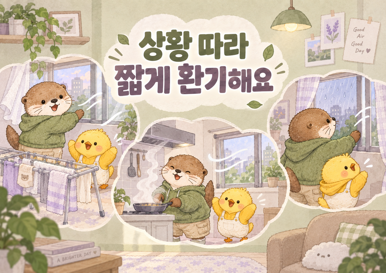 빨래 요리 비 오는 날 등 상황에 따라 원룸을 잛게 환기하는 방법을 정리한 인포그래픽