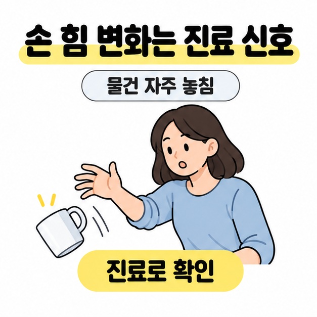 손 힘 변화는 진료 신호라는 제목 아래 손에서 컵을 놓치는 사람과 물건 자주 놓침, 진료로 확인 문구를 배치한 이미지