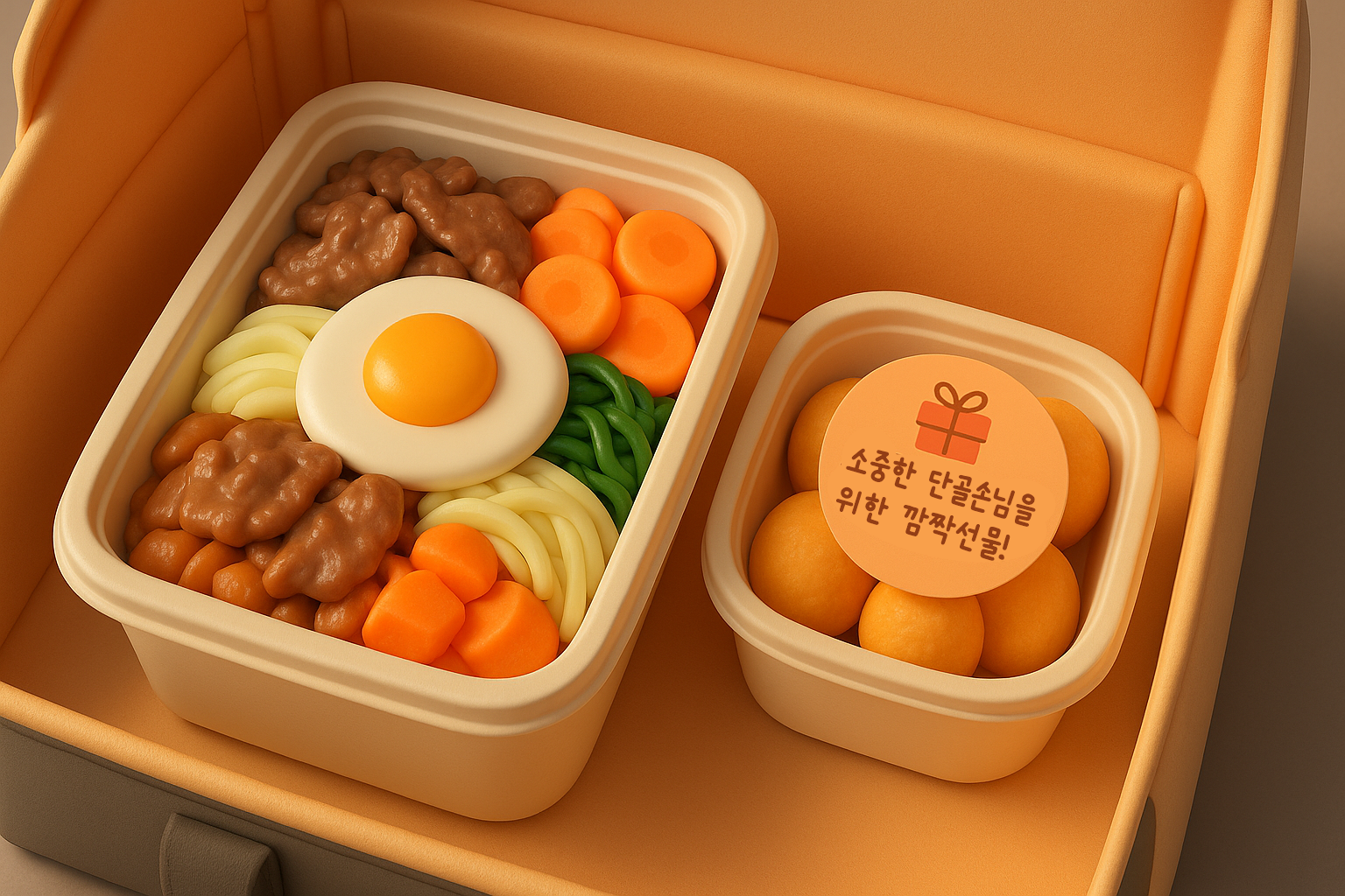 배달음식과 함께 '단골손님을 위한 사장님의 깜짝 선물!'이라는 메모가 붙은 작은 사이드 메뉴가 놓여있는 모습