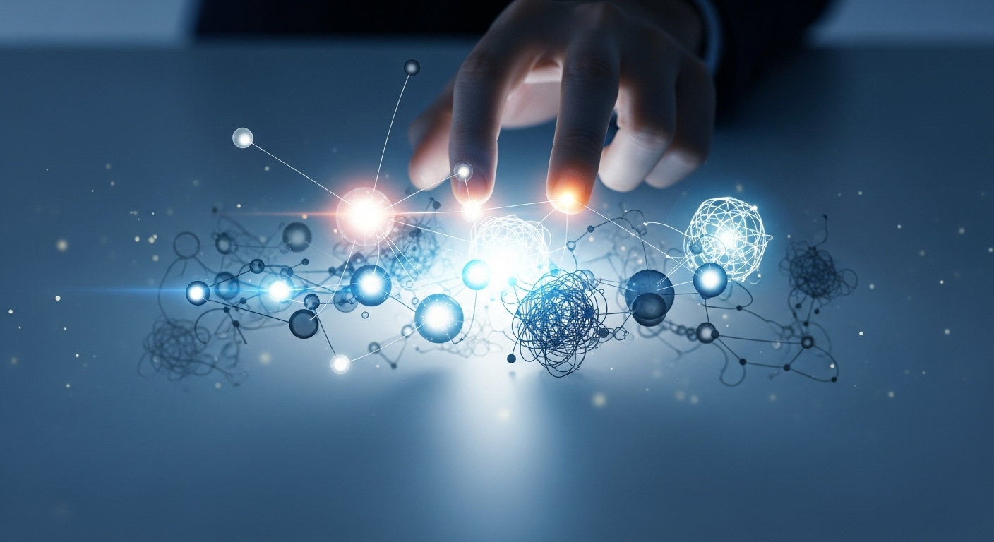 손으로 복잡한 관계망을 정리하며 중요한 연결을 선별하는 모습, 관계 평가와 선택의 중요성을 상징합니다.