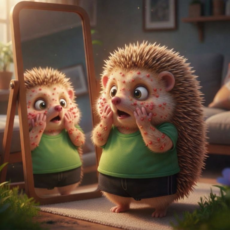 사춘기 여드름으로 거울을 보며 걱정하는 청소년 고슴도치 캐릭터 도치씨
