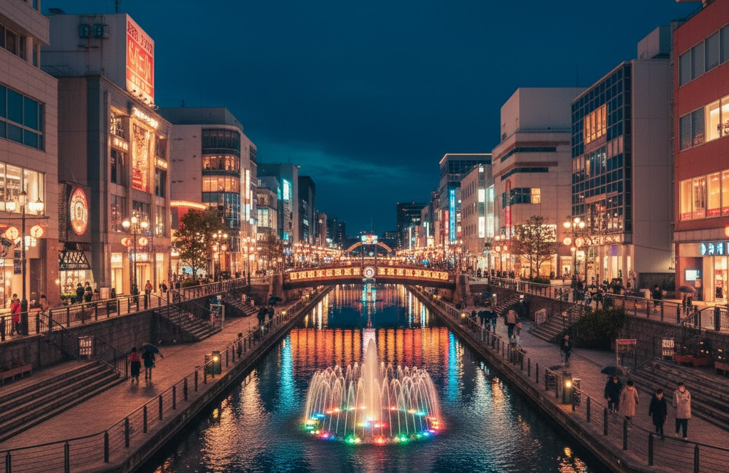 후쿠오카 하카타 도심 야경과 강변 풍경