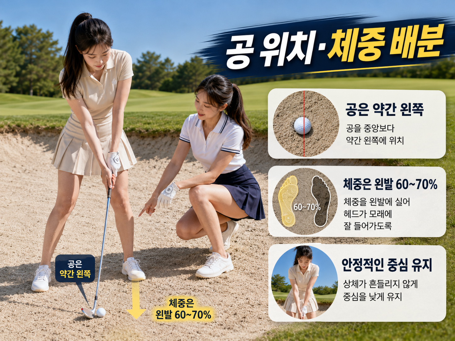 벙커샷 공 위치와 왼발 체중 배분 방법