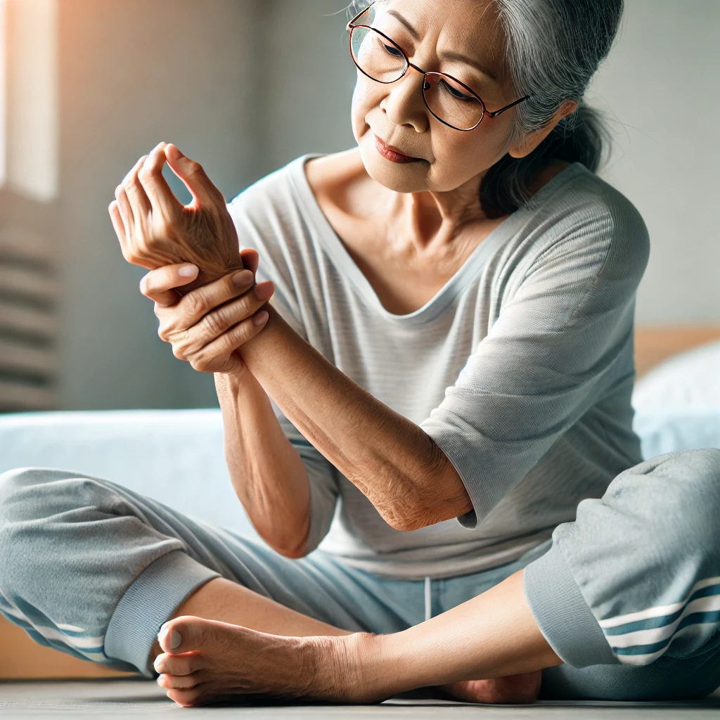 준비 운동으로 손목과 발목을 돌리는 모습