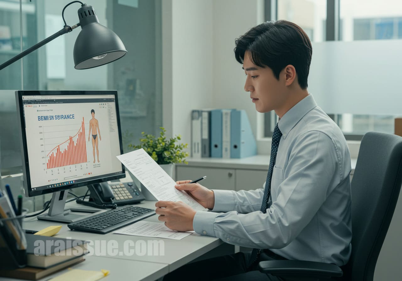 현대식 사무실에서 BMI 차트를 모니터로 확인하며 건강보험 문서를 검토하는 30대 한국인 직장인. 건강관리와 보험 조건에 집중하는 모습입니다.