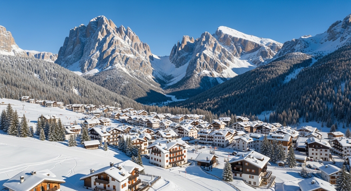 눈 덮인 이탈리아 돌로미티 산맥에 자리한 코르티나 담페초의 아름다운 전경. 그림 같은 샬레들과 웅장한 설산이 어우러져 동계 올림픽 개최지의 겨울 풍경을 보여줍니다.