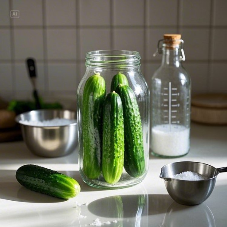 투명한 유리병에 가지런히 담긴 초록색 오이지들, 소금과 설탕, 식초가 담긴 계량컵들이 주변에 놓여있고, 깨끗한 주방 배경에서 햇살이 은은하게 비치는 모습의 요리 과정 사진