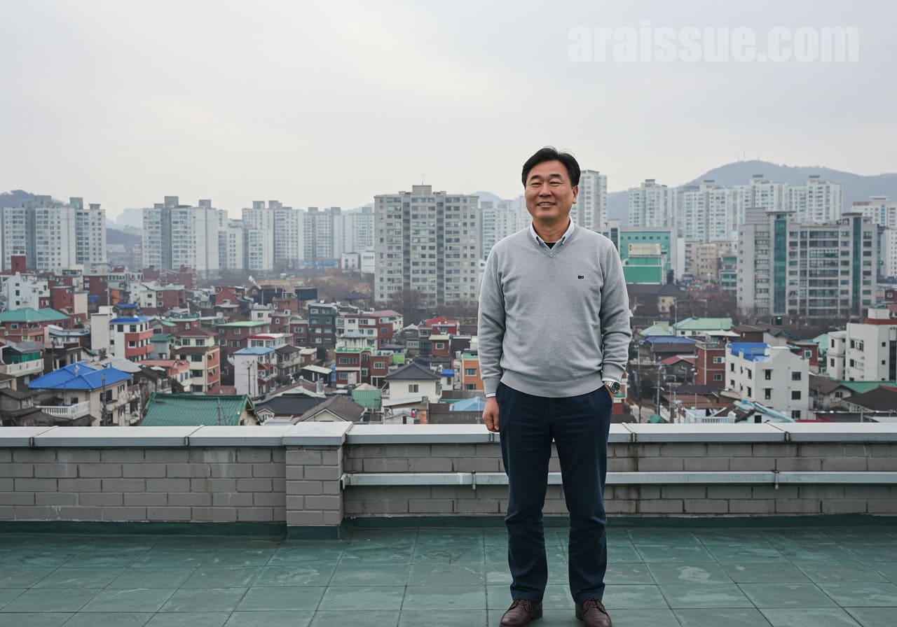 정부 정책으로 고용보험 사각지대에 있는 중장년 남성이 도시를 배경으로 고용 지원을 떠올리는 장면