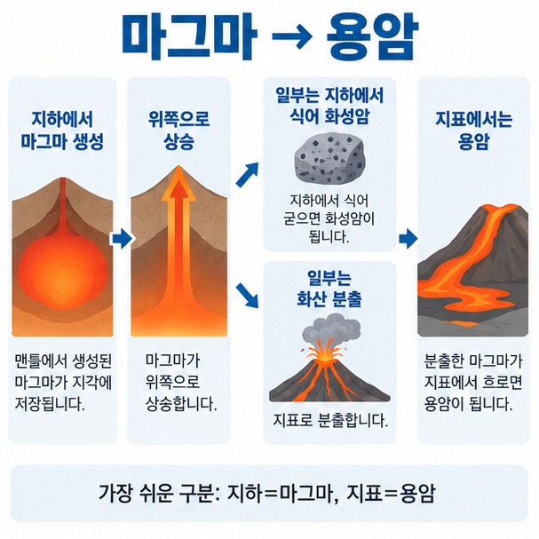 지하 마그마 상승 화산 분출 용암 화성암 형성 과정을 순서대로 보여주는 인포그래픽