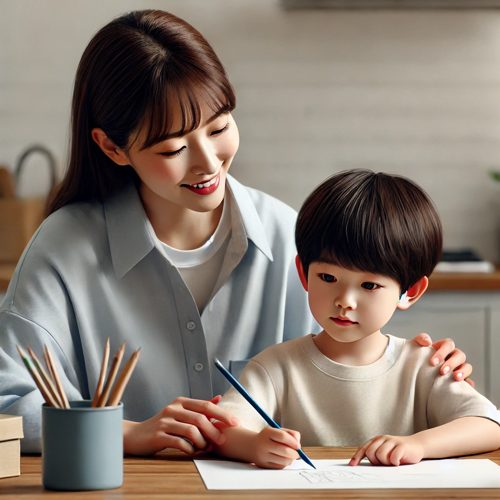 부모가 주방 테이블에서 그림을 완성하려는 아이를 따뜻하게 응원하며 격려하는 모습. 아이는 집중하고 행복한 표정을 지으며 부모의 지지를 받음