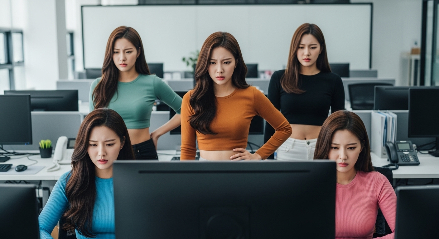 컴퓨터에 불만을 표하는 여성들