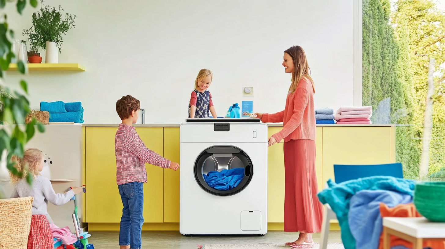 넓은 세탁실에서 삼성 WF25CB8890BV 세탁기를 사용하는 에너제틱한 가족의 모습.