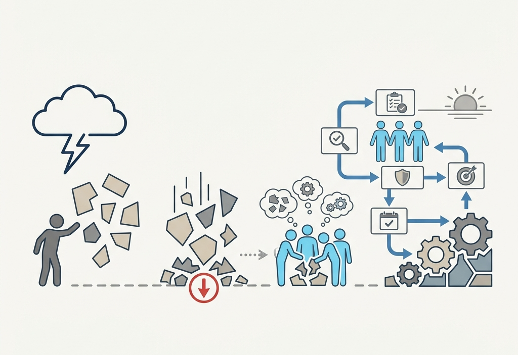초보 리스크 관리자가 초기 혼란과 실패를 경험한 뒤 팀과 함께 문제를 분석하고 협력해 경험 기반의 체계적인 리스크 관리 프로세스를 구축하는 과정을 단계별 아이콘으로 표현한 이미지
