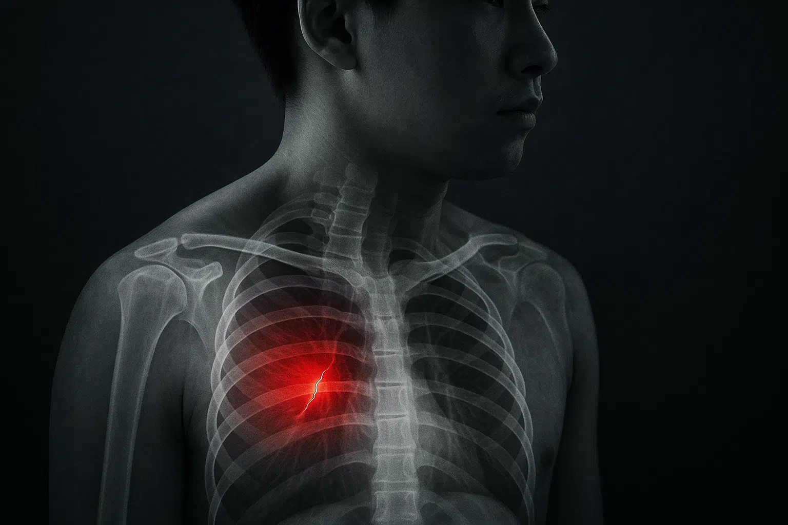 엑스레이 느낌으로 갈비뼈에 가는 금이 보이는 이미지