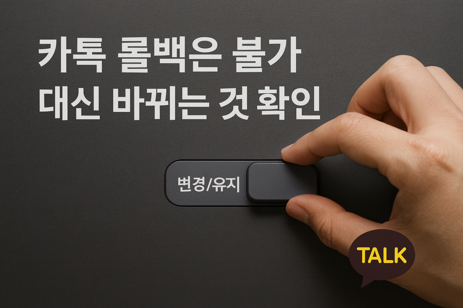 어두운 책상, ‘변경/유지’ 슬라이더를 미는 손과 우하단 카카오톡 로고
