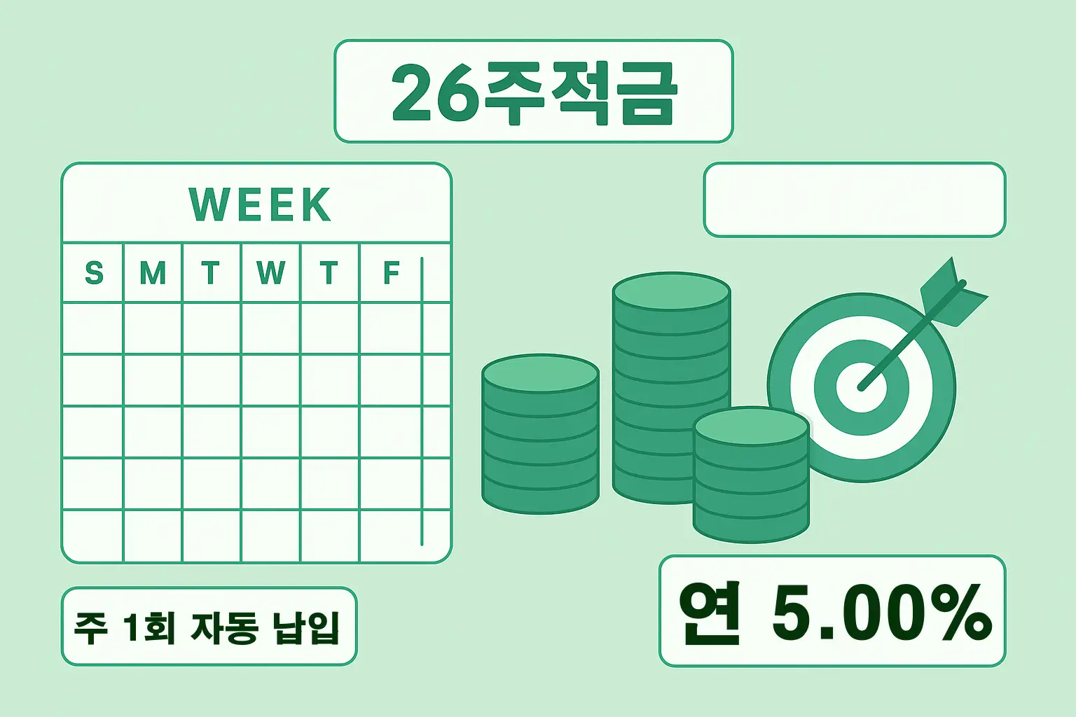 카카오뱅크 26주적금의 주 1회 자동 납입 구조 및 2025년 연 5.00% 금리 조건 설명 인포그래픽