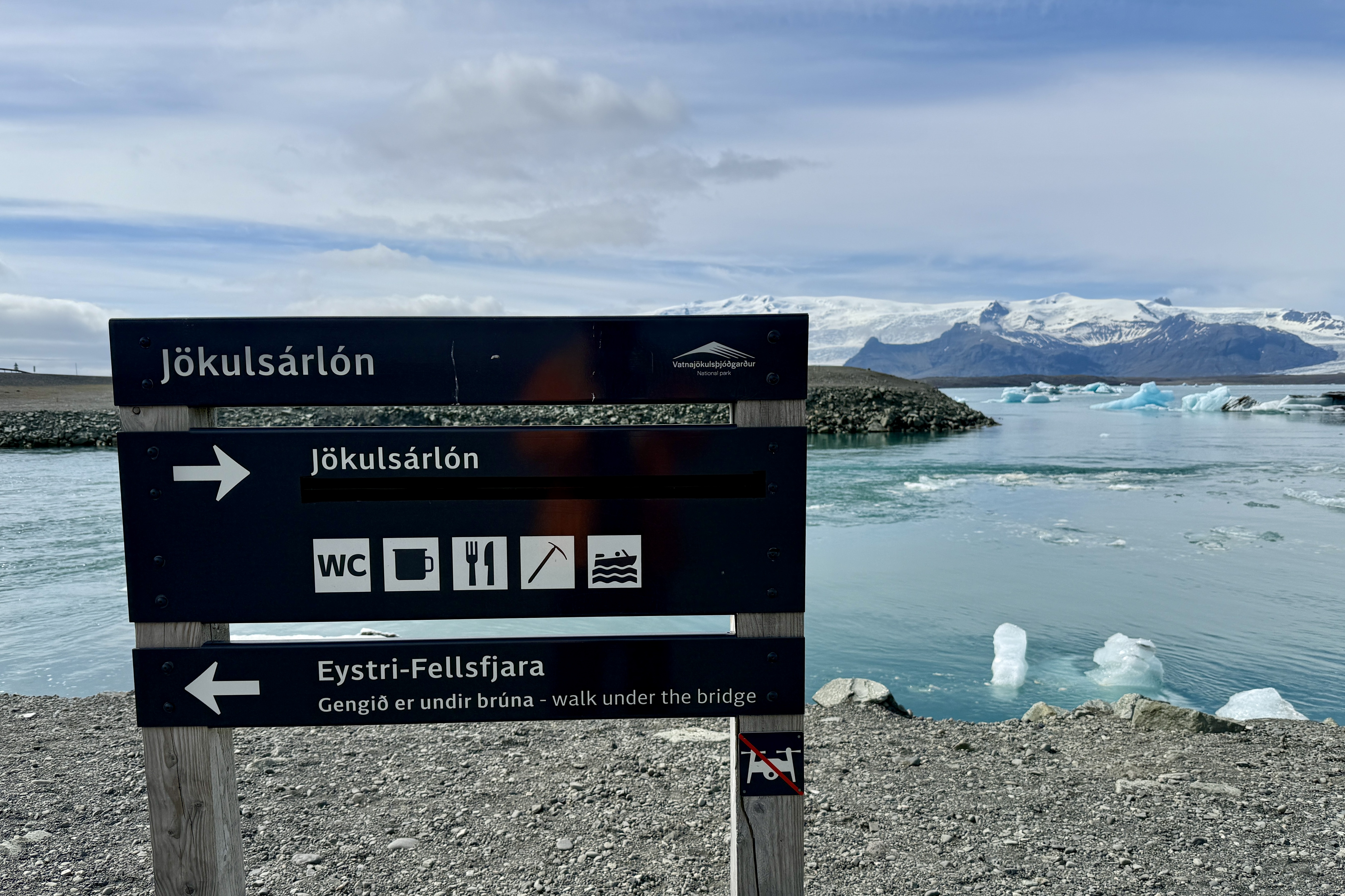 요쿨살론 빙하 호수 입구 표지판. 검은색 나무 안내판에 흰색으로 "Jökulsárlón" 표기와 방향 화살표가 있으며, 화장실(WC), 카페, 레스토랑 등의 시설 아이콘이 표시됨. 하단에는 "Eystri-Fellsfjara"와 "walk under the bridge" 안내문이 있고, 배경으로 빙하가 떠 있는 호수가 보임.
