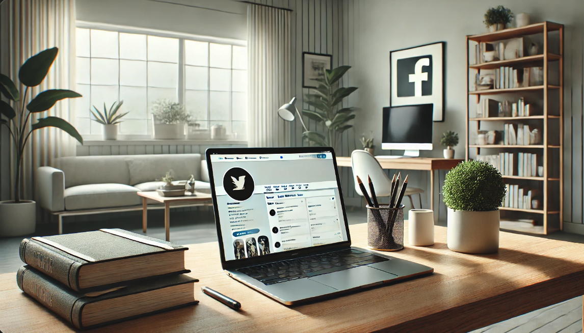 현대적이고 최소주의적인 사무실 설정, 랩탑이 소셜 미디어 플랫폼을 보여주고 있다