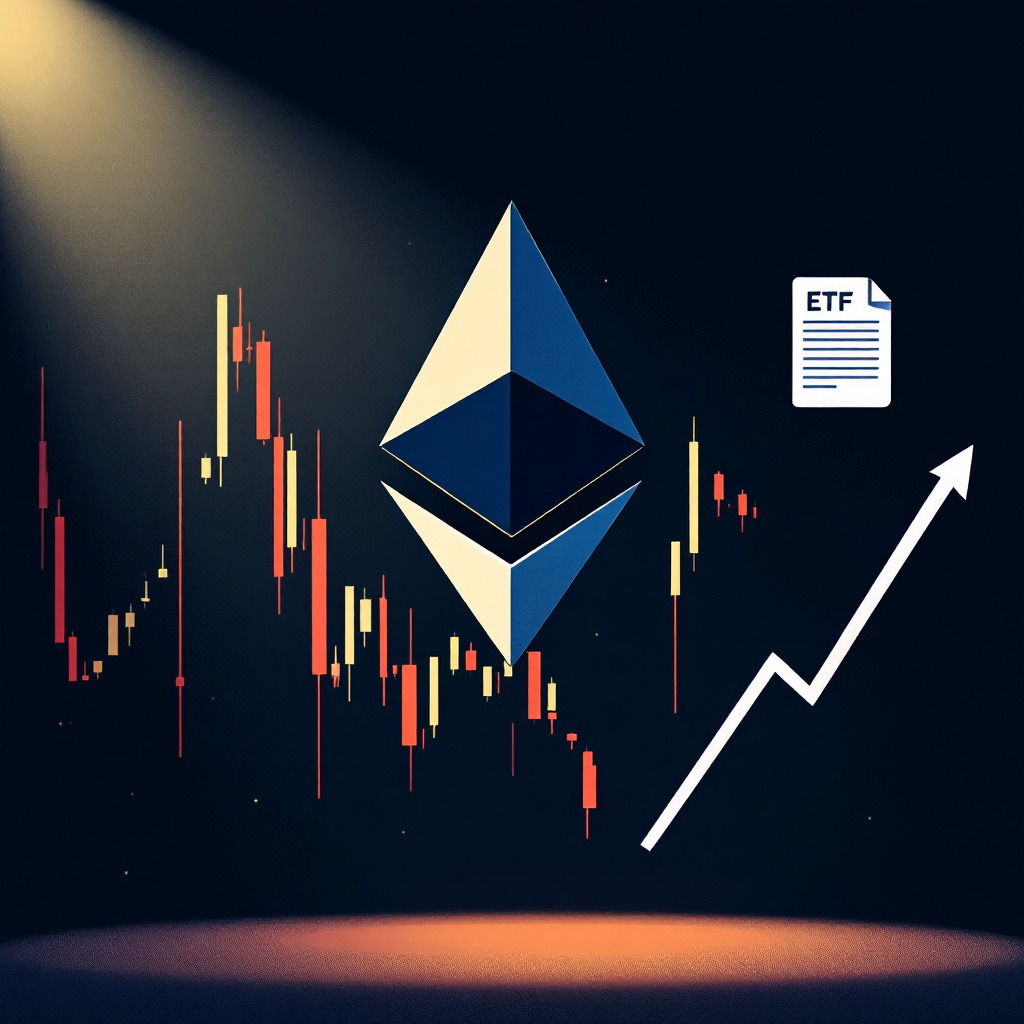 이더리움 로고와 ETF 아이콘, 상승 화살표가 있는 암호화폐 차트 배경 일러스트
