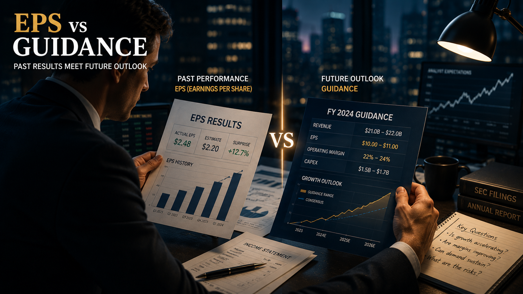 Investor reviewing EPS results and forward guidance forecasts, comparing past earnings performance with future business outlook.