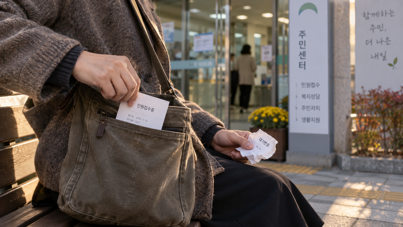 접수증을 가방에 넣는 손