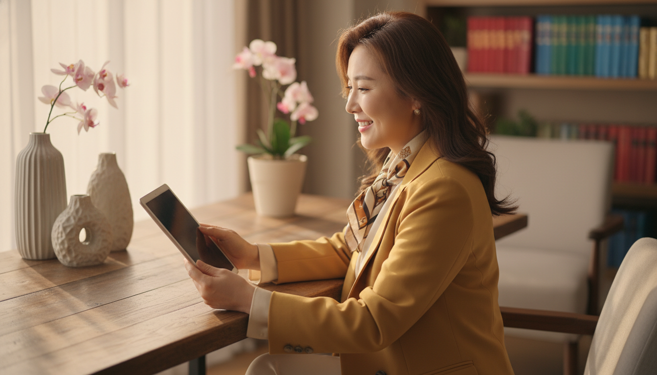 어깨 너머로 촬영한 앵글, 50대 한국인 여성이 나무 책상에 앉아 45도 측후면 각도에서 태블릿 화면을 바라보는 모습, 화면 내용은 보이지 않음, 따뜻한 실내 조명, 에디토리얼 스타일.