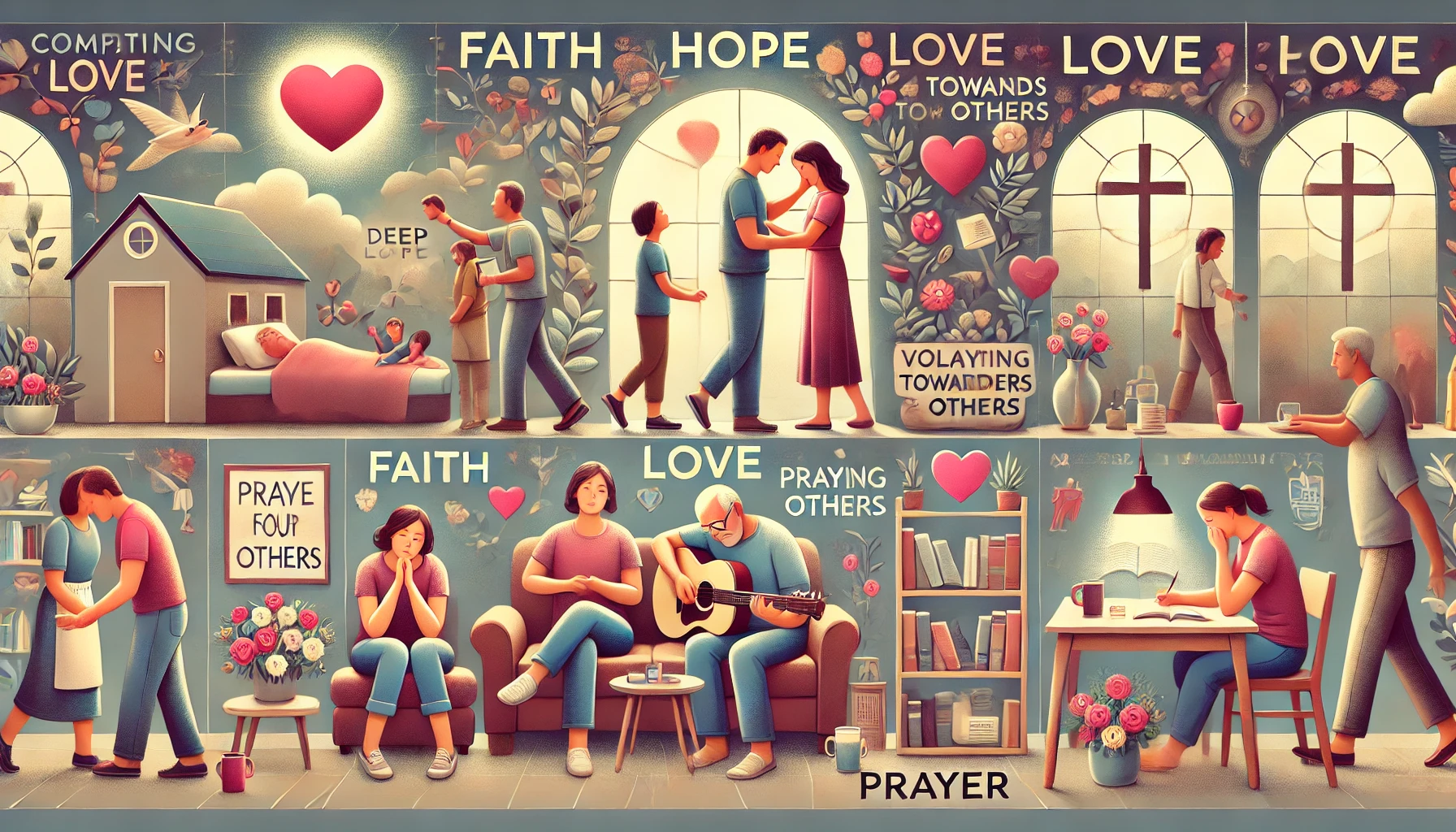 Here is the illustration showing a modern person growing in faith, hope, and love while living a life full of deep love towards others and prayer. The scenes include engaging in acts of kindness and compassion, praying fervently, and spending time in quiet reflection. Activities depicted are comforting a friend, volunteering in the community, praying for others, and meditating on scripture. The settings blend personal spaces for reflection with communal areas where love and service are demonstrated, conveying a deep sense of spiritual growth, love, and dedication to living out faith in practical ways.