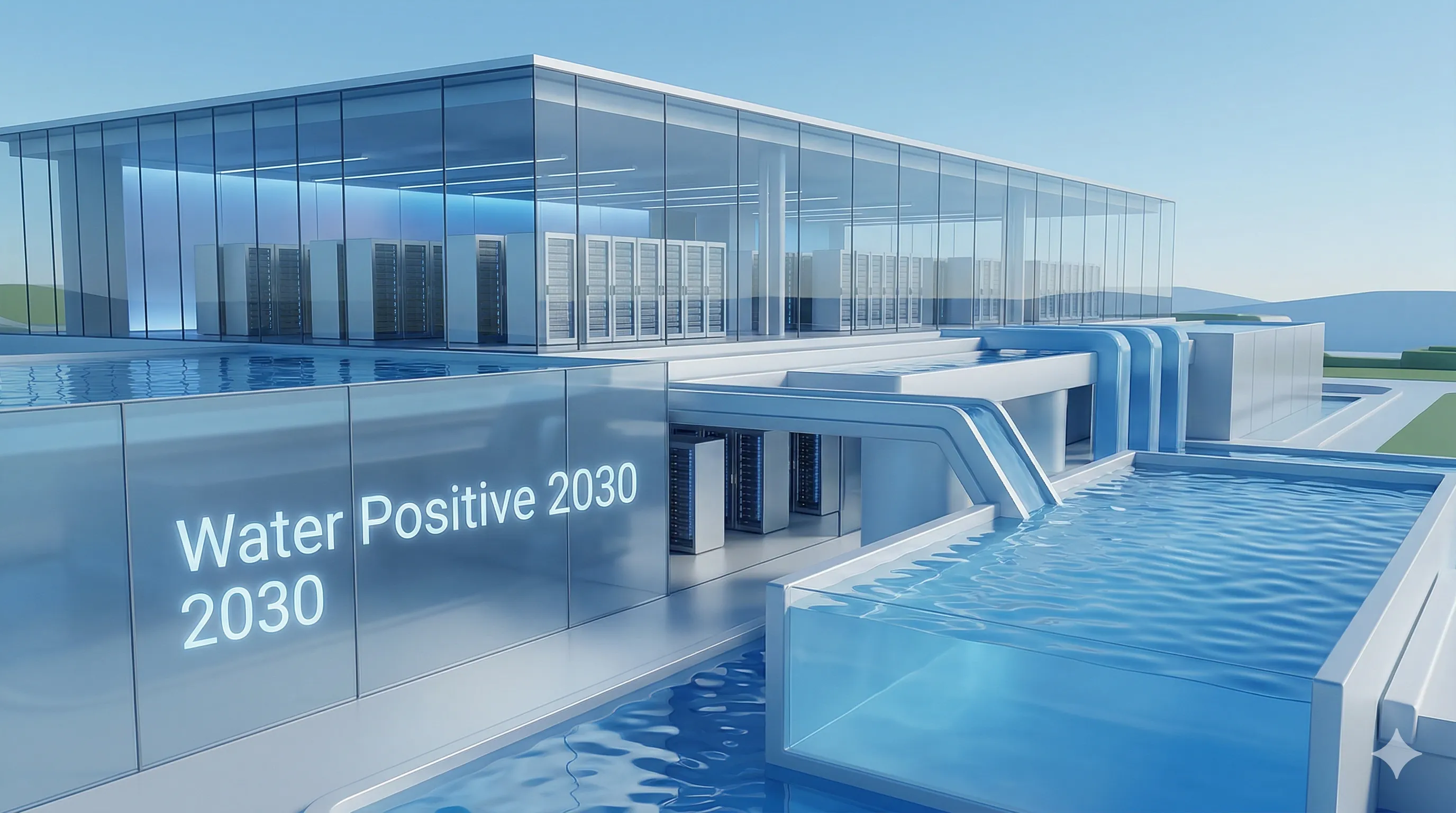 AI 데이터센터와 수처리 인프라: 마이크로소프트 구글의 2030 워터 포지티브 목표를 형상화한 대표 이미지 by Finory
