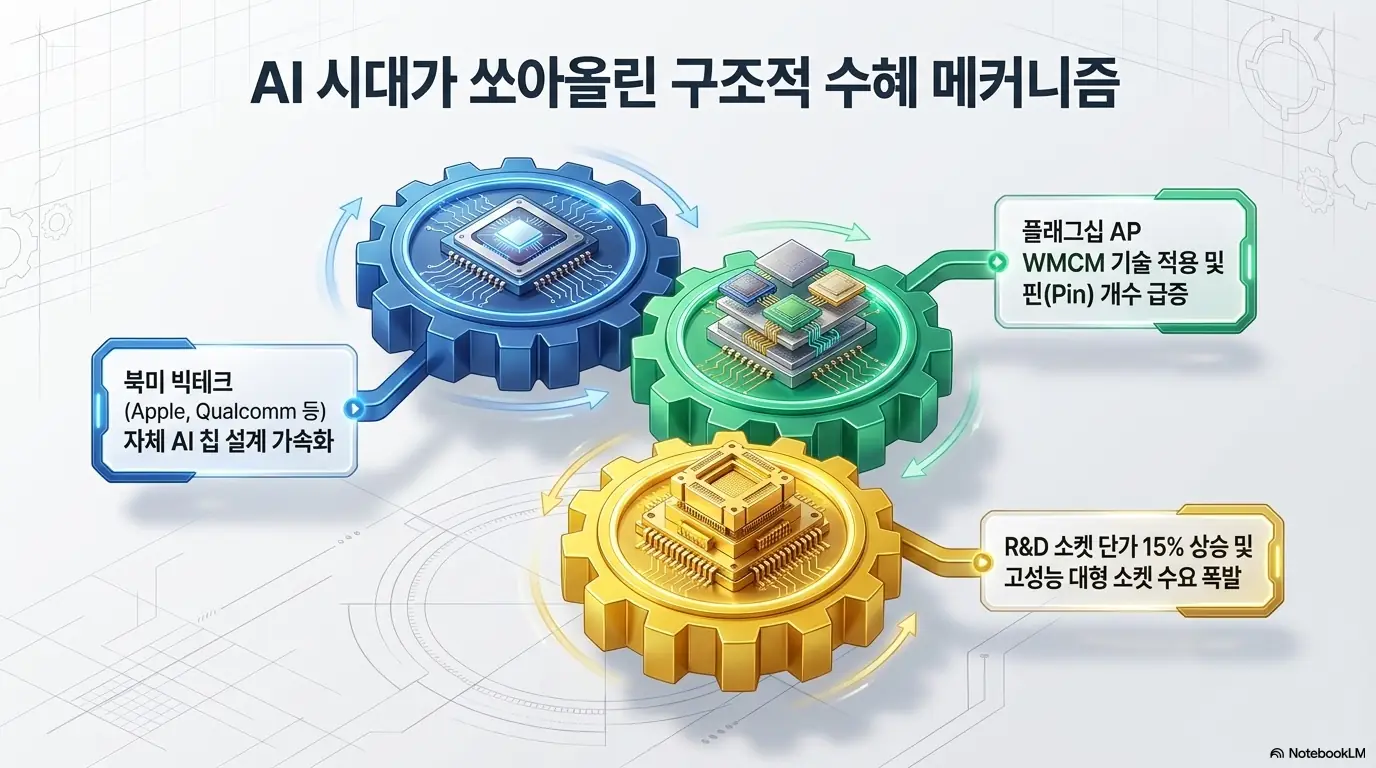 리노공업 주가 전망: 리노공업이 AI 시대에 누리는 구조적 수혜 과정을 톱니바퀴로 표현한 인포그래픽. 북미 빅테크의 자체 AI 칩 설계 가속화가 플래그십 응용프로세서의 핀 개수 급증으로 이어지고 다시 소켓 단가 15% 상승과 고성능 대형 소켓 수요 폭발로 연결되는 흐름을 보여주며&amp;#44; 블로그의 리노공업 주가 전망 주제와 관련된 성장 동력을 설명함