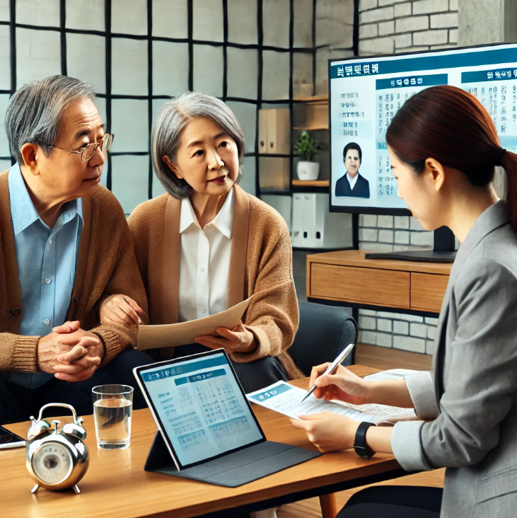 노부부가 연금 자문가로부터 국민 연금 옵션에 대한 안내를 받고 있다