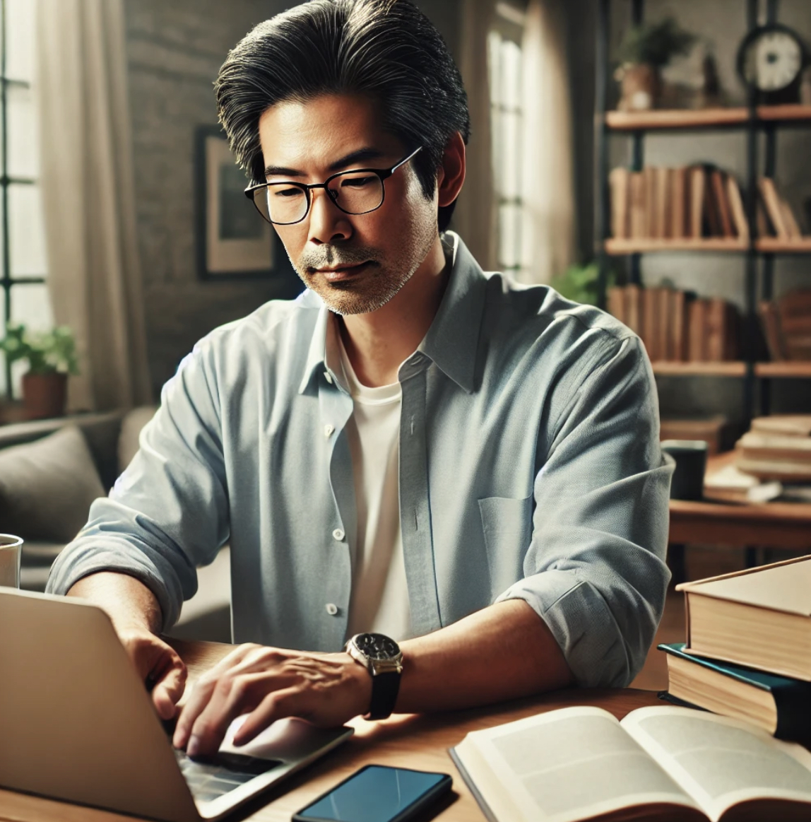 50대 남자가 책상에서 일하는 모습 사진