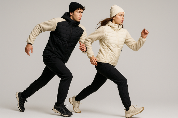 하이브리드 패딩과 플리스를 착용한 커플의 겨울 아웃도어 패션 이미지