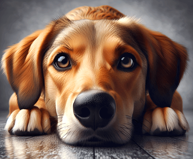 갈색털을 가진 강아지가 바닥에 엎드려서 정면을 바라본다.