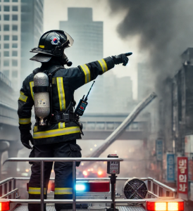 화재 현장 지휘중인 소방관 사진