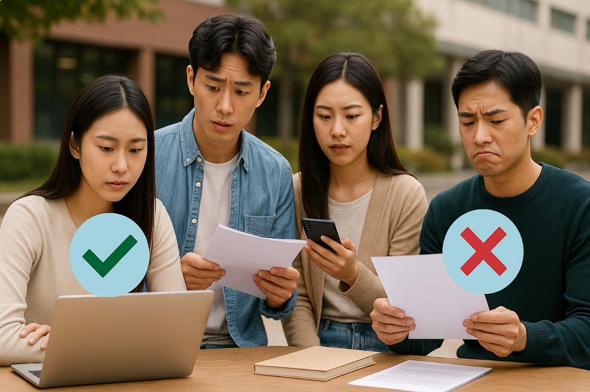 대학 캠퍼스에서 대학생과 청년들이 학자금 지원 대상 여부를 확인하는 장면