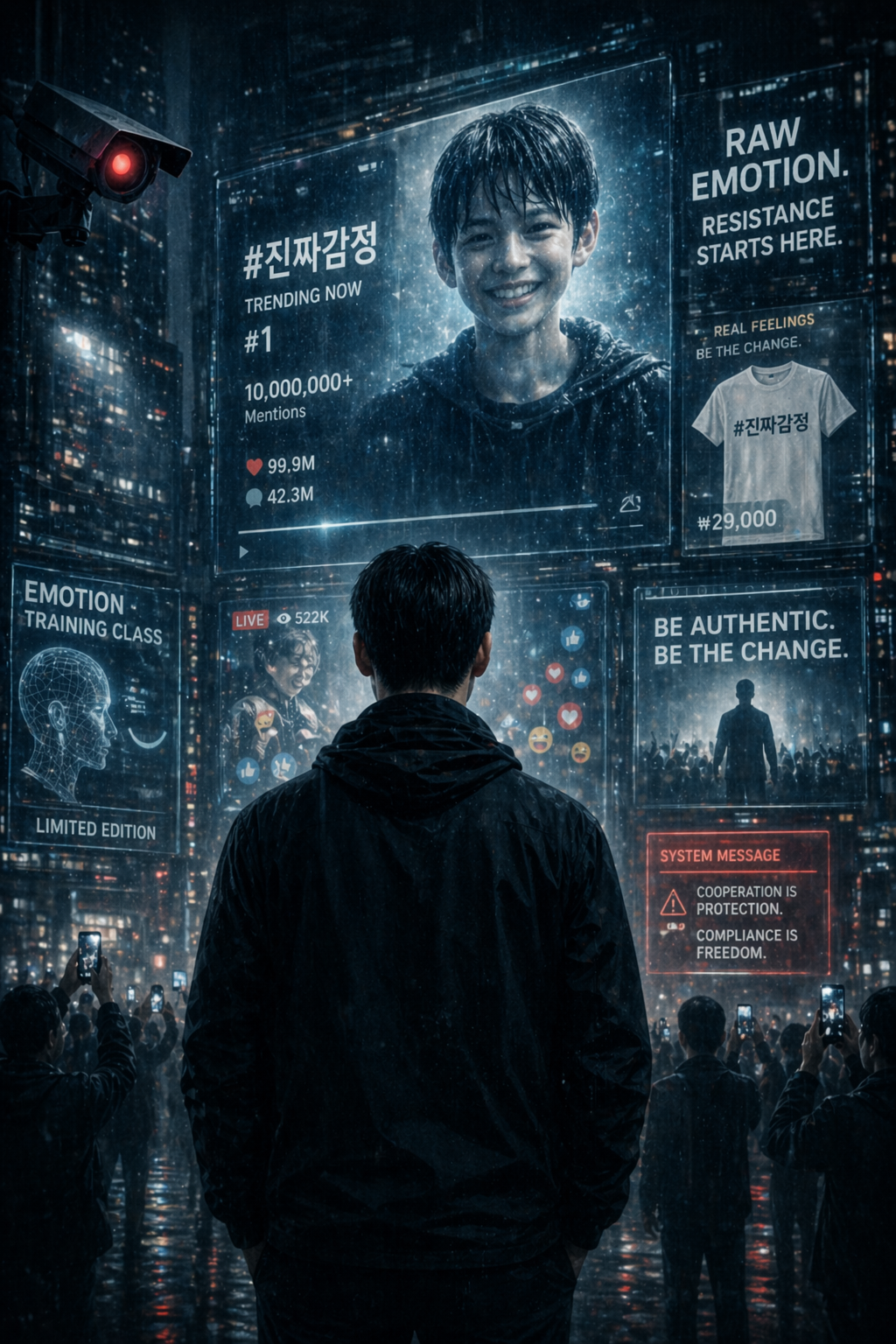 감정이 사라진 세계 디스토피아 SF 이미지 &mdash; 진짜 감정 해시태그가 유행이 된 미래 도시, 감정의 상품화와 시스템 감시 구조를 보여주는 사이버펑크 장면