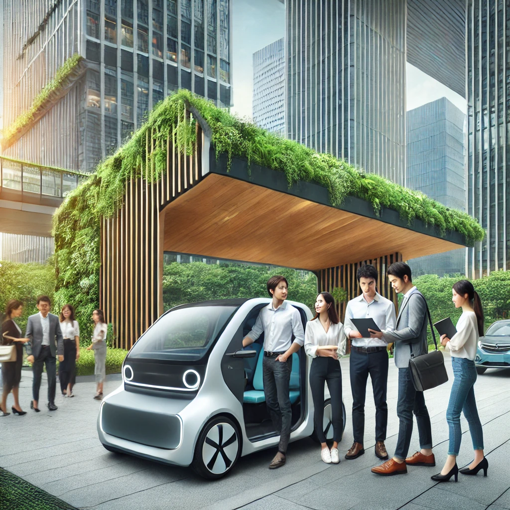 현대적인 도시 환경에서 세련되고 친환경적인 차량 공유 차량을 이용하는 젊은 전문가들. 배경에는 지속 가능한 건축물과 녹지가 조화를 이루고 있음