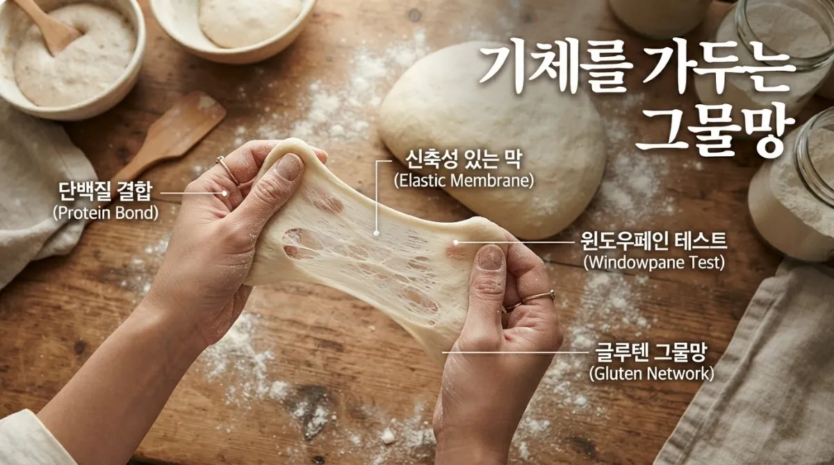 빛이투과하는 얇은 막을 형성하는 글루텐 윈도우페인 테스트 중인 손과 반죽 클로즈업