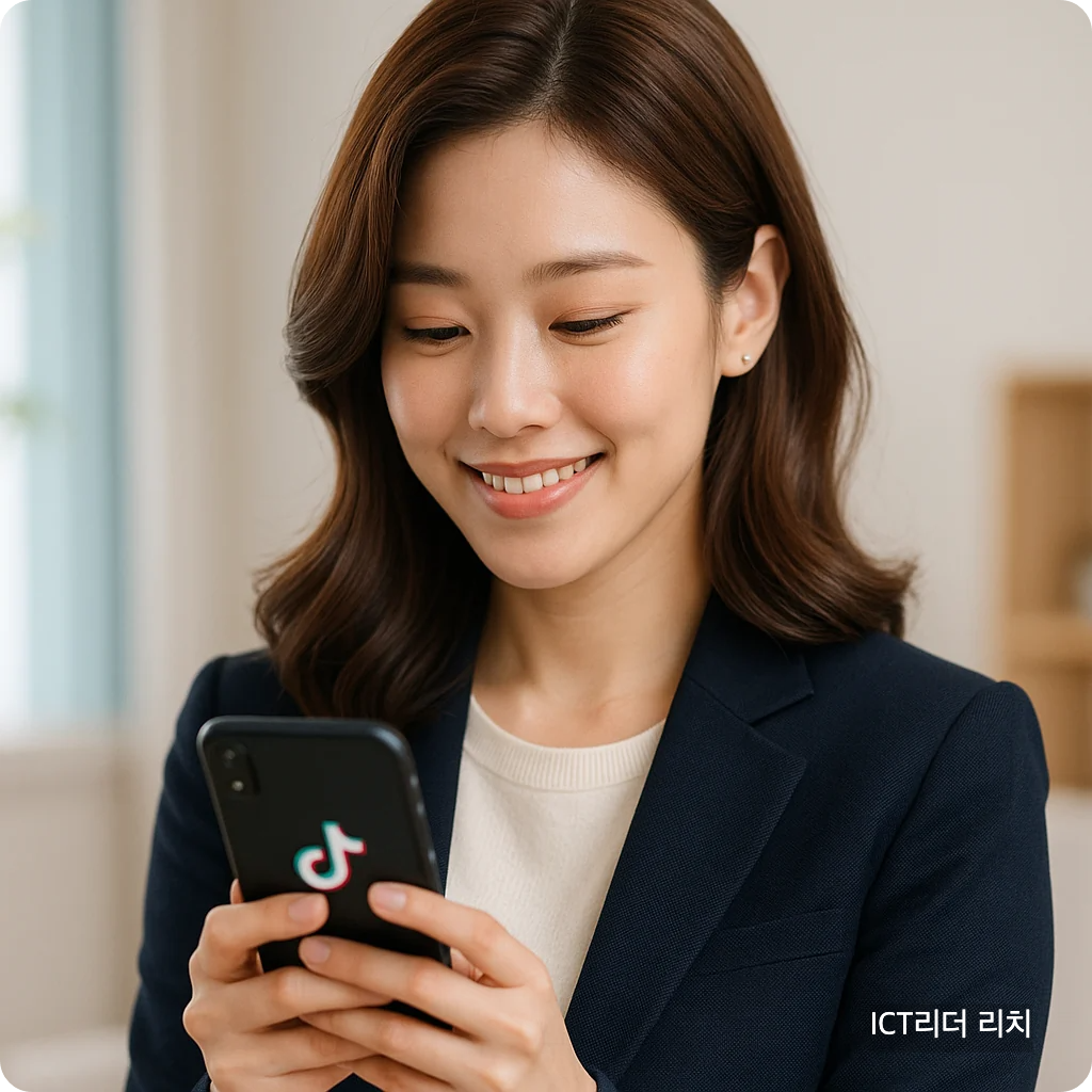 틱톡 앱을 확인하며 안심하는 표정의 20대 여성, 고품질 블로그 대표 이미지