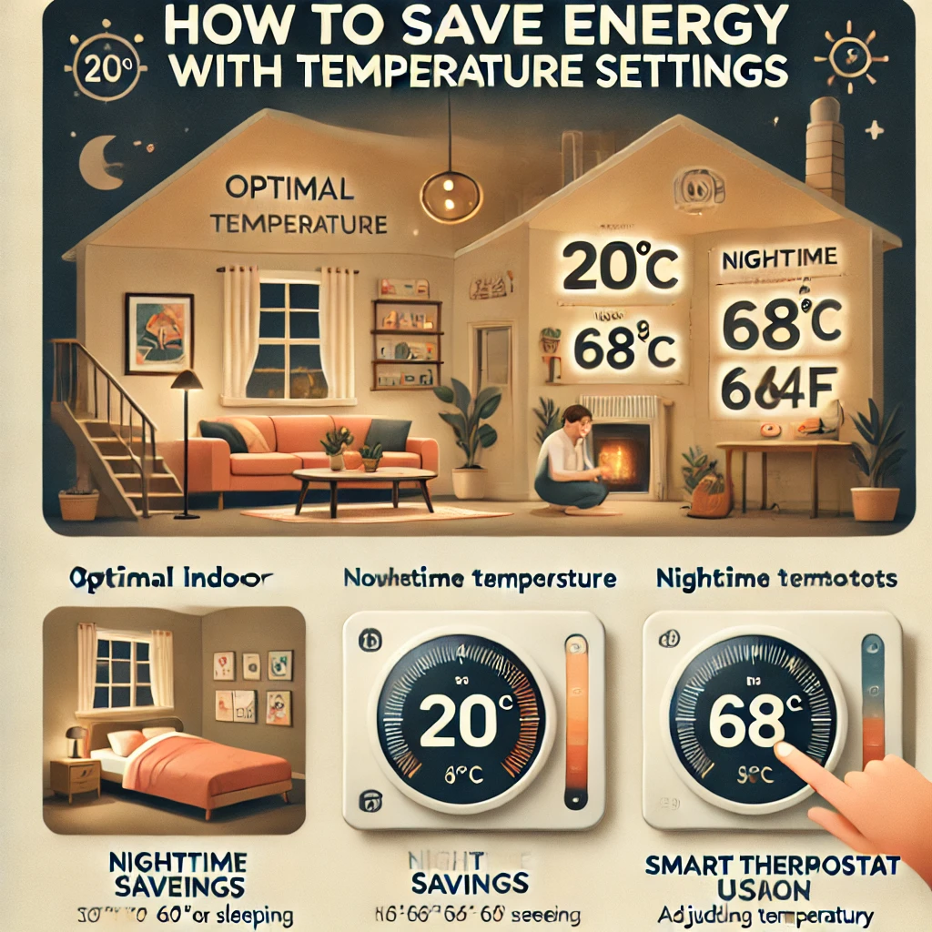 난방비 절감을 위해 거실은 20°C, 침실은 16-18°C로 설정하고 스마트 온도 조절기를 활용하는 에너지 절약 방법