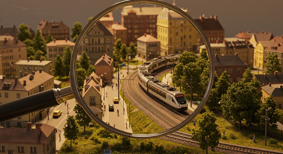 돋보기로 미니어처를 관찰하듯이 보고 있다