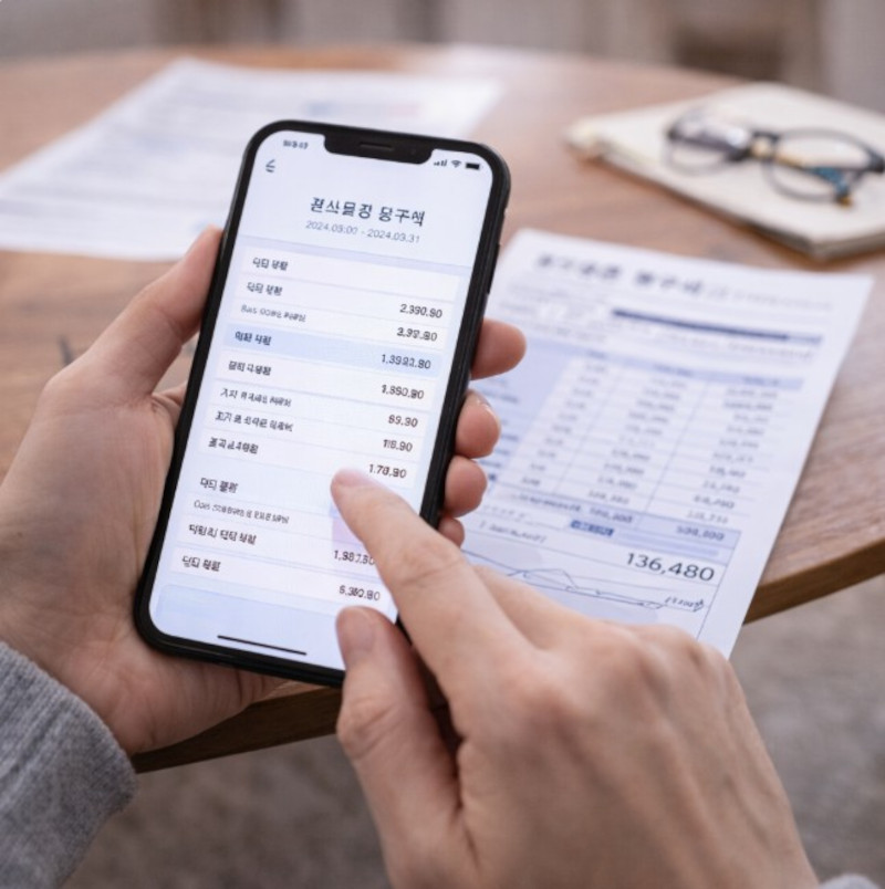 스마트폰 통신요금 청구서를 확인하며 요금 내역을 살펴보는 모습